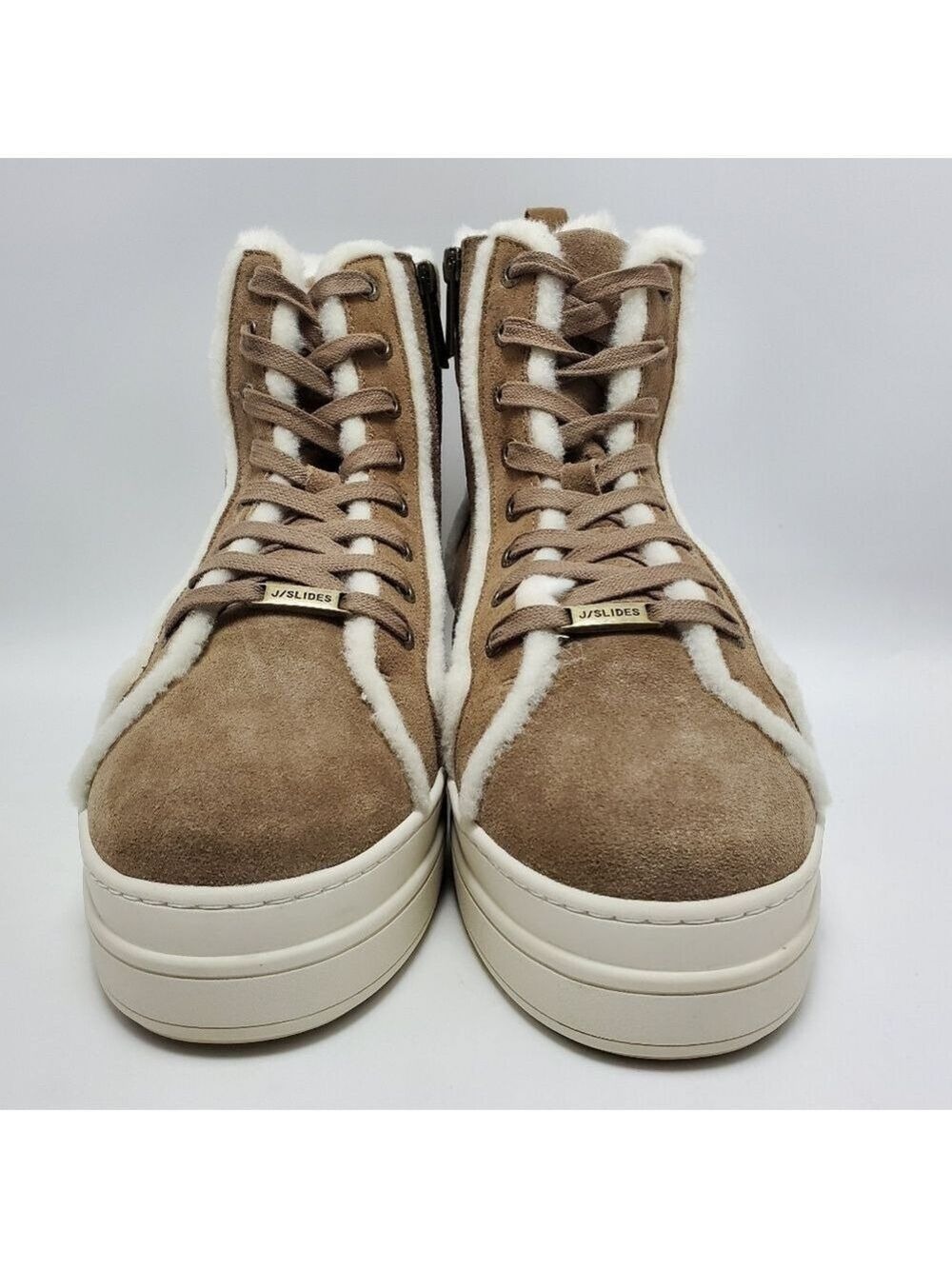 J Slides NYC Nadal Faux Fur High Top Platform Boot Sneakers Taupe Suede Size 9.5 - Picture 7 of 15
